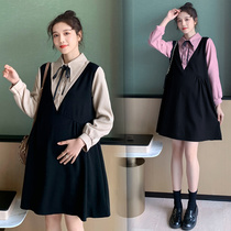 Pregnant women autumn clothes New Fashion lapel stitching loose temperament pregnant women dress autumn and winter pregnant women skirt