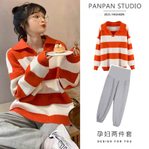 2021 New pregnant women autumn Net red suit fashion autumn sweater top female spring and autumn Out Dress
