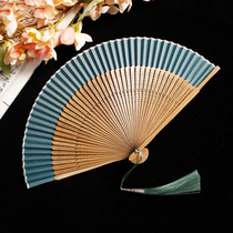 Innocent high-grade Japanese fan wind folding fan 7 inch solid color silk bamboo fan gift fan tassel