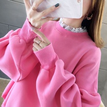 Autumn and winter clothes plus velvet sweater womens tide ins semi-high collar lace stitching lantern sleeves Casual girl wind wear jacket