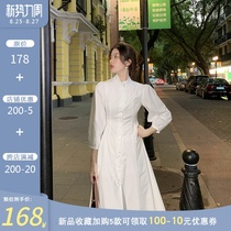  2021 autumn new design sense niche shirt skirt female French waist retro mid-length white dress