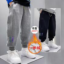 Autumn and winter 2021 new childrens sports pants warm outside wearing boy pants thick medium and big children casual pants plus velvet pants