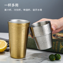 Korean style 304 double-layer golden water cup Restaurant household anti-fall draft beer glass Milk cup beverage cup insulated teacup