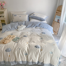 Korean girl heart cotton washed cotton four-piece set cute cloud patch embroidered duvet cover Soft breathable bedding