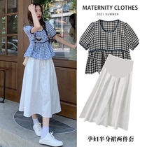 Maternity dress 2021 net red maternity summer dress Western style short-sleeved plaid doll shirt top belly skirt suit