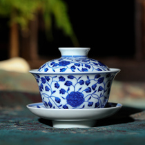 Simple home Changwu Ju Hand-painted blue and white porcelain three-cai Gaiwan Jingdezhen handmade tea ware Tea bowl Ceramic tea set