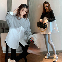 2021 maternity dress new Korean version fake two loose shirts fashion medium-long style personality round neck does not show up top
