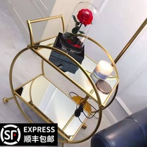 Nordic ins mobile dining car Hotel KTV round Wrought iron double-decker trolley Kitchen shelf Mini wine cart