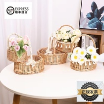 Willow woven flower basket hand-held blue flower girl flower arrangement basket desktop creative fake flower indoor simulation flower princess basket
