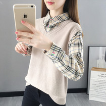 Fake two-piece coat female spring and autumn long sleeve Hong Kong flavor stitching shirt collar sweater 2021 new pullover knitted vest