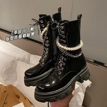 ins niche design~Martin boots womens pearl chain cool wind patent leather muffin thick-soled boots Motorcycle womens boots
