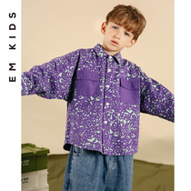 EM childrens clothing childrens personality full printing shirt pure cotton 2021 spring and autumn new boys purple long-sleeved lapel shirt tide