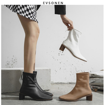 (Evsonen) Autumn Net red British wind with Martin boots square head back zipper thin boots thick heel short boots female