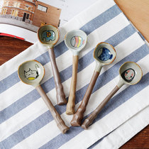 Creative ceramic spoon cartoon Handmade coarse pottery Japanese cute long handle spoon student personality household soup spoon