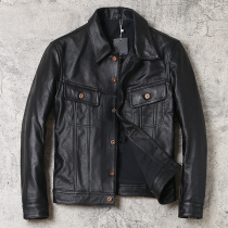 First layer cowhide rock denim street motorcycle leather jacket mens short lapel leather single breasted leather jacket tide