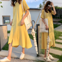  Maternity summer dress trendy mom simple short-sleeved mid-length over-the-knee skirt Western style short-sleeved temperament long skirt female