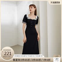  Fan Si Lanen 211844 navy collar retro square collar dress female summer Hepburn style small black skirt French long skirt