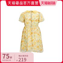  Pider BB Yellow Retro Printed Doll Collar Girls Short-sleeved Chiffon dress Cute