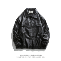 悟空 In stock American retro PU leather jacket mens and womens trendy brand street loose lapel casual motorcycle leather jacket