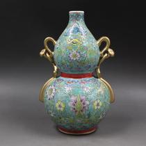  Qingqianlong Green Space Pastel gold pattern Gourd bottle Antique porcelain Home decoration Antique antique collection
