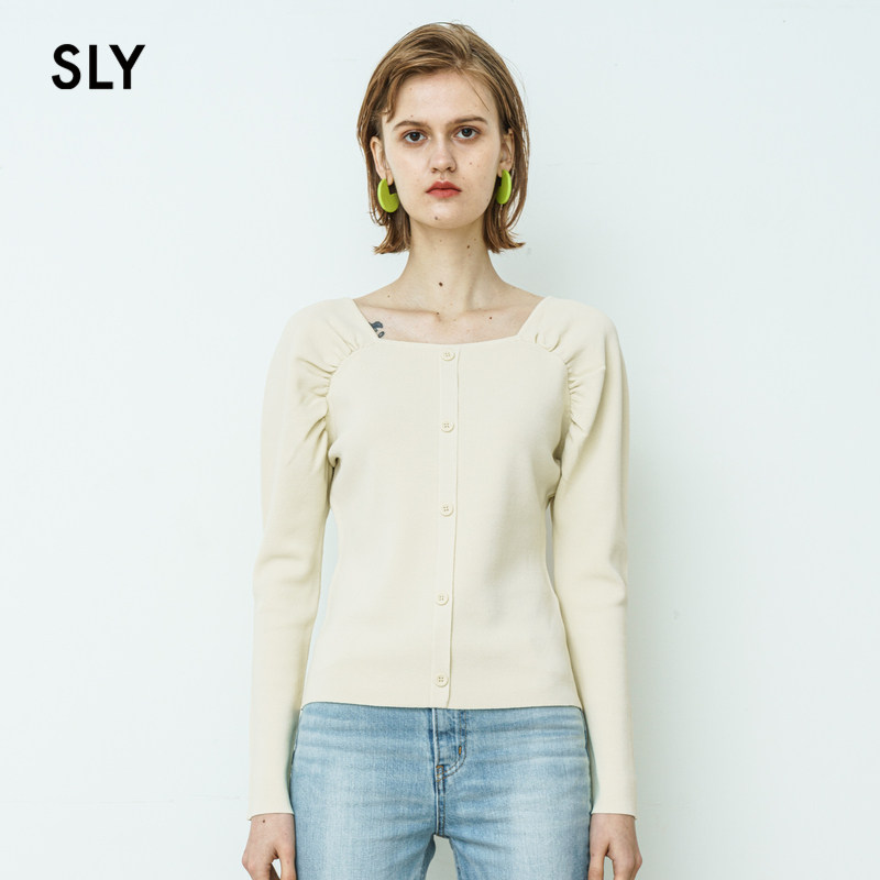 SLY2021 early spring new simple solid-color square collar pleated bubble sleeve knit sweater female 030ESZ70-3710