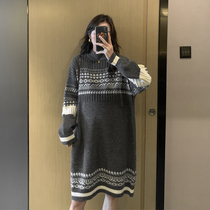 Pregnant women sweater autumn and winter fashion Korean version of high collar color patch retro thick loose tide mother knitted dress