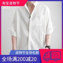 Tide brand Chinese style linen short-sleeved shirt mens summer thin cotton and linen three-point sleeve shirt wild casual top clothes