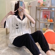 2021 new pajamas Women summer short sleeve trousers cotton cute cartoon two-piece set ins Wind thin home clothes
