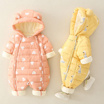 Infant conjoined down padded velvet newborn climbing suit hooded cartoon warm