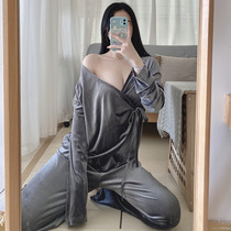Put on too sultry ~ sexy pajamas female 2021 autumn and winter New golden velvet long sleeve Japanese kimono fashion suit