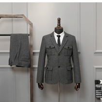 Thickened herringbone woolen suit suit set tweed tweed hunting suit three-piece English retro mens suit