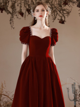 Velvet toast 2022 new bridal wedding engagement wine red bubble sleeves Late dress Thin Temperament Princess