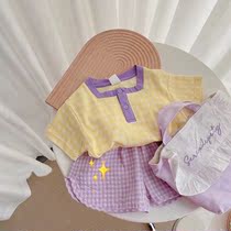 New 2021 summer 1-3-6 new girls Japanese pure cotton pullover short-sleeved broken grid purple shorts two-piece set