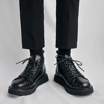 Black genuine leather Martin boots Mens spring breathable thin overalls boot Sins Inn Wind Inn high Help leather Boomers