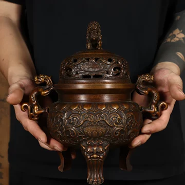 铜鎏金狮子香炉 旧藏铜鎏金狮炉香薰一对