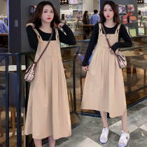 Pregnant womens autumn suit Korean fashion long sleeve bottoming top strap skirt two-piece pregnant womens dress autumn and winter
