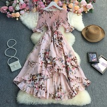 Xia new products seaside holiday floral dress women Joker shoulder high waist slim irregular ruffle dress