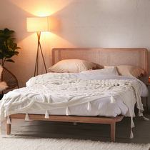 Nordic solid wood bed Modern simple rattan bedroom 1 5 large beds Japanese bed and breakfast Hotel master room Double 1 8 beds