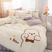 Han Style Cartoon Cute Bed Skirt 4 pieces All cotton pure cotton Princess Wind minimalist lace Quilt Cover Non-slip Bed Bedding