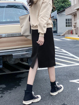 Black woolen skirt autumn and winter womens high waist cover crotch is thin all-match straight skirt mid-length slit one-step skirt