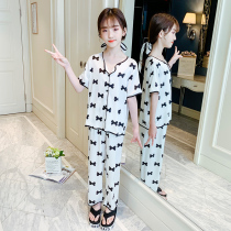 Girls  pajama suit Summer ice silk Childrens middle and large childrens summer foreign style short sleeve summer thin anti-mosquito home clothes