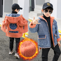 Boy plus velvet denim jacket autumn and winter on both sides of thick hooded foreign style middle child girl loose windbreaker tide