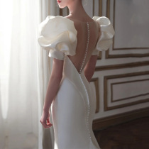 Fishtail travel photography light wedding dress 2021 new bridal temperament French gauze small trailing dress simple forest female