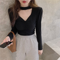 Black neck V collar base shirt female spring and autumn foreign style new fashion personality slim long sleeve T-shirt sexy coat tide