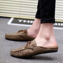 Tide Cards Summer New Pint Genuine Leather Semi-Dragged Bean Shoes Mens Korean Version Breathable 2022 Leisure sloth Baotou Half slippers