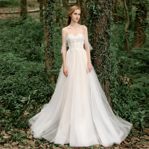 Original 2020 new shoulder simple Mori lace bride light wedding dress chest slim long tailing tail go out light yarn
