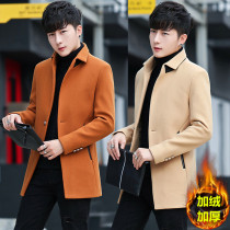 Winter men's hair stylist trench coat long plus velvet padded coat handsome woolen Korean slim woolen coat