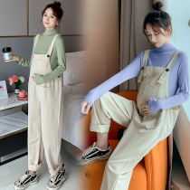 Pregnant women spring fashion set 2022 spring foreign style long sleeve bottoming top loose strap pants two-piece set