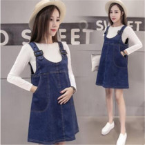 Maternity Spring and Autumn Set Fashion 2021 New Tide Mom Loose Cotton Top Denim Skirt Two Piece Set