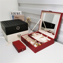 Super texture multi-function box wooden leather ring necklace earrings jewelry box with lock storage box jewelry box